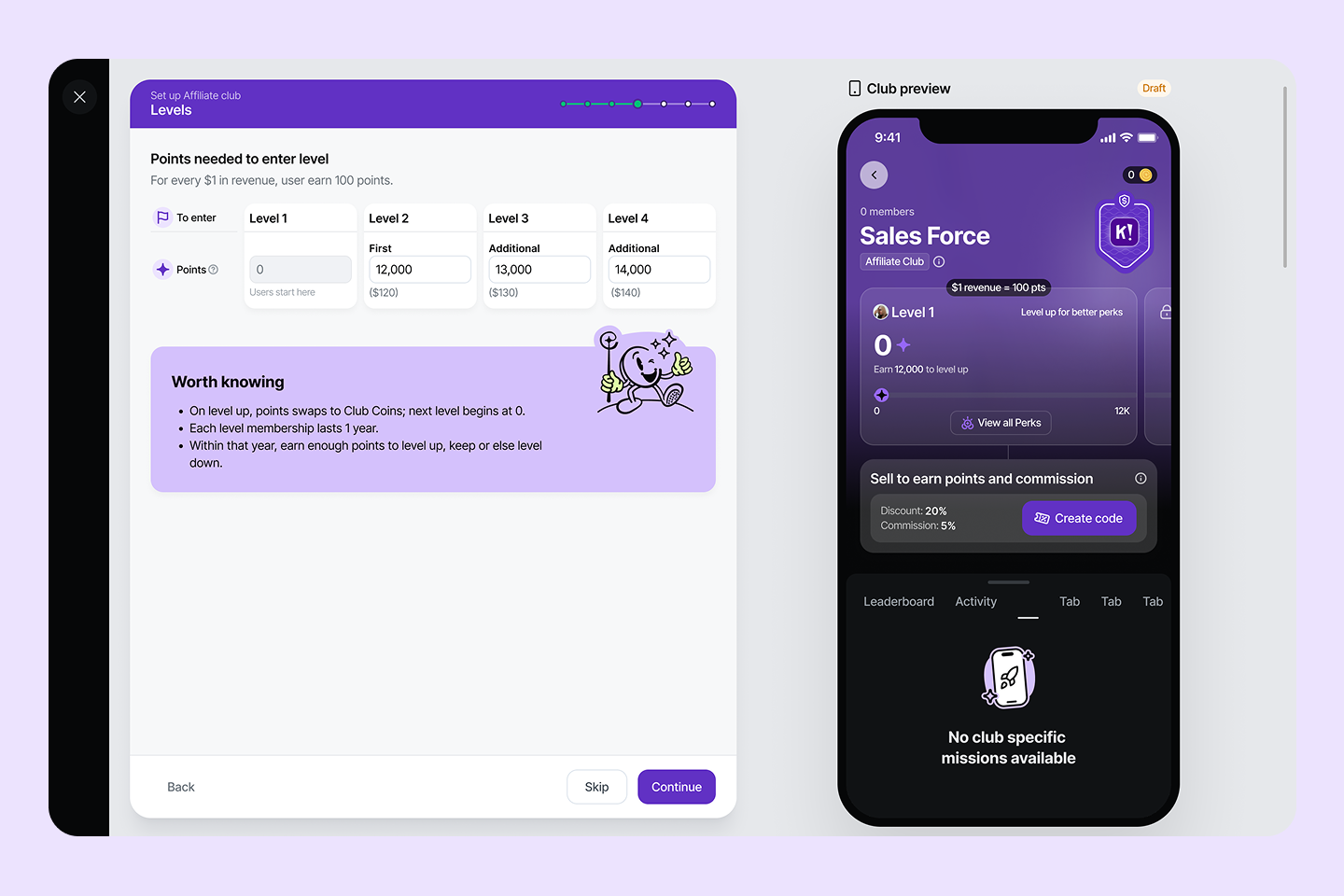 Club Levels — configuring how actions map to points per club type
