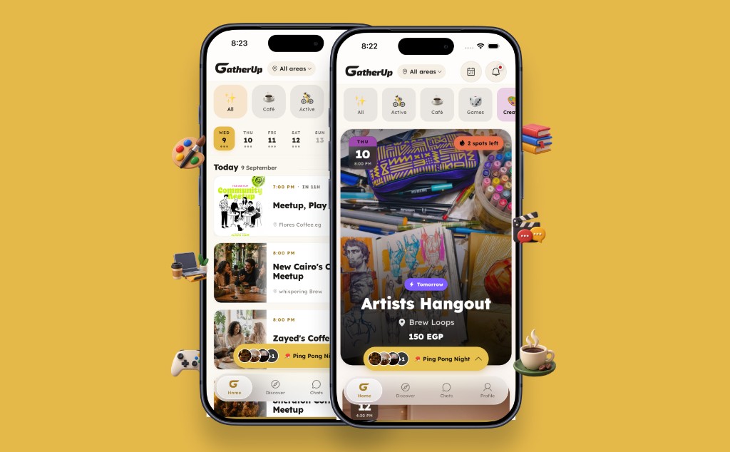 GatherUp app — home feed and Artists Hangout on iPhone