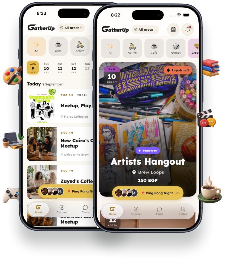 GatherUp app — home feed and featured Artists Hangout event
