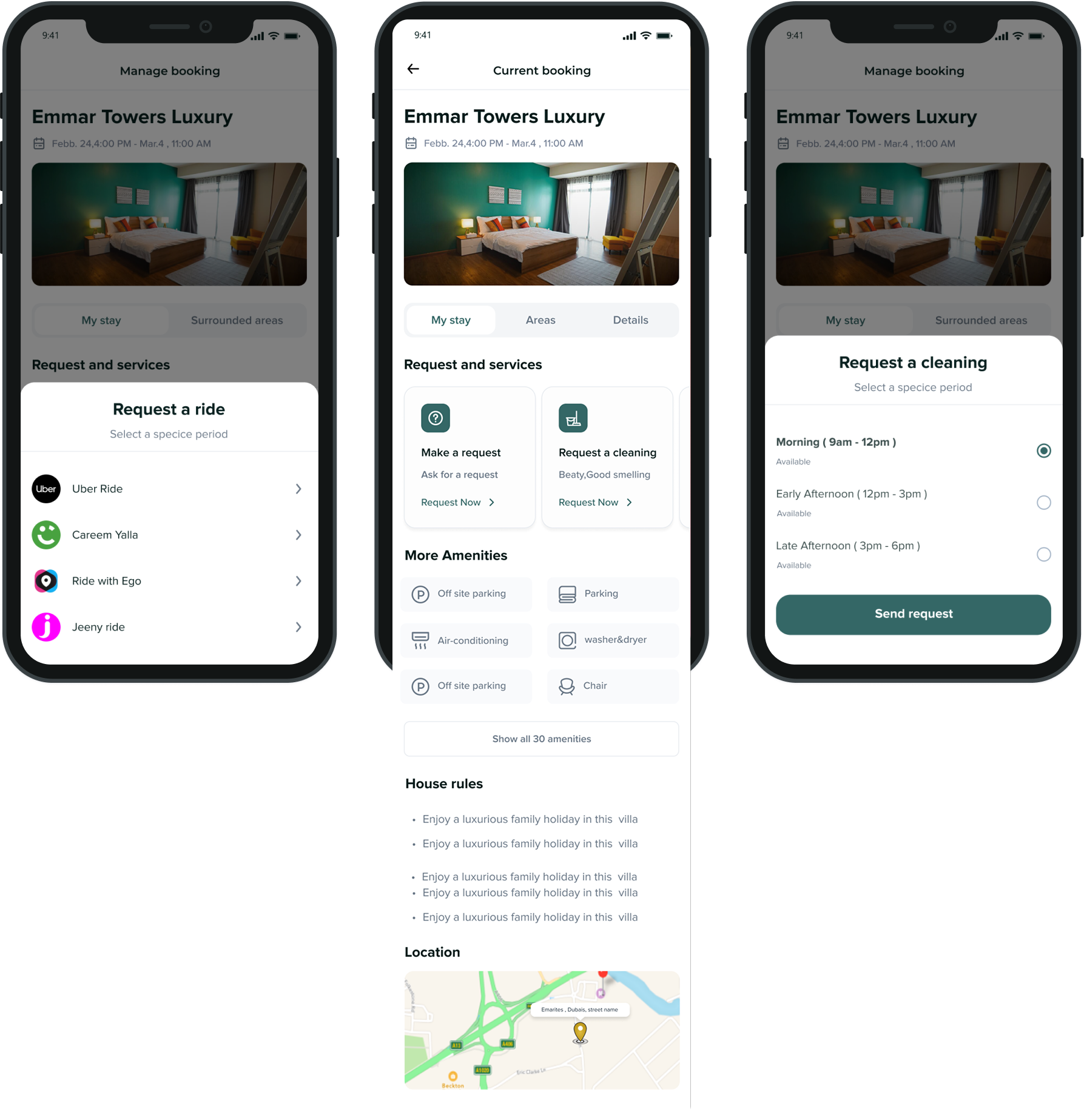 Mabaat app booking flow with requests, map and checkout