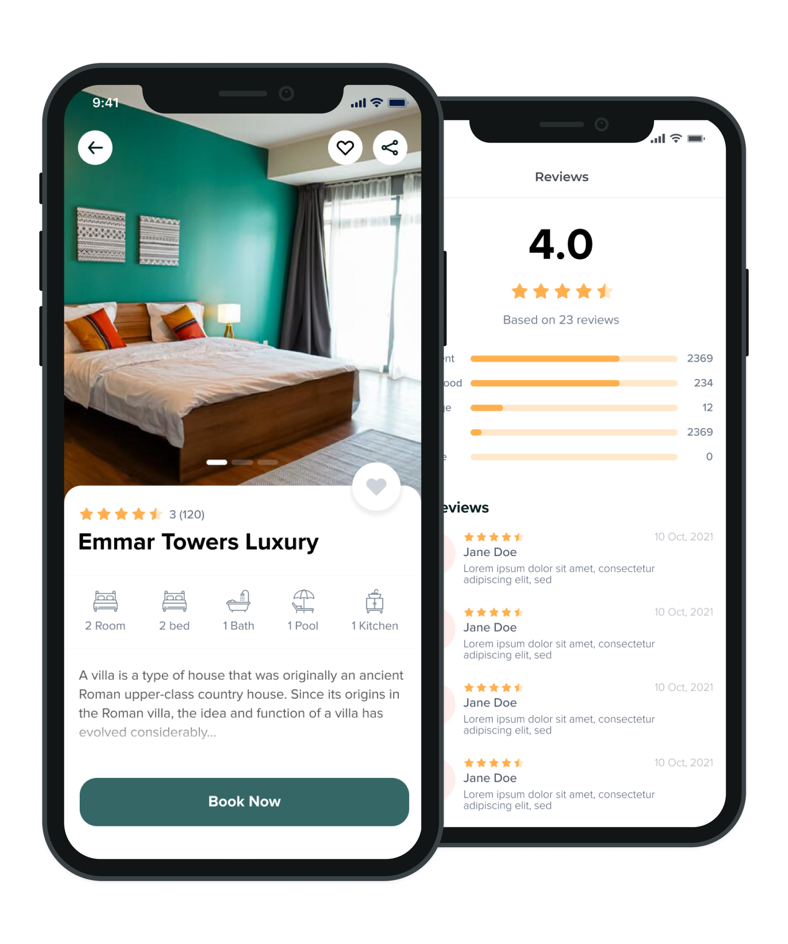 Mabaat app property detail with amenities, rating and photos