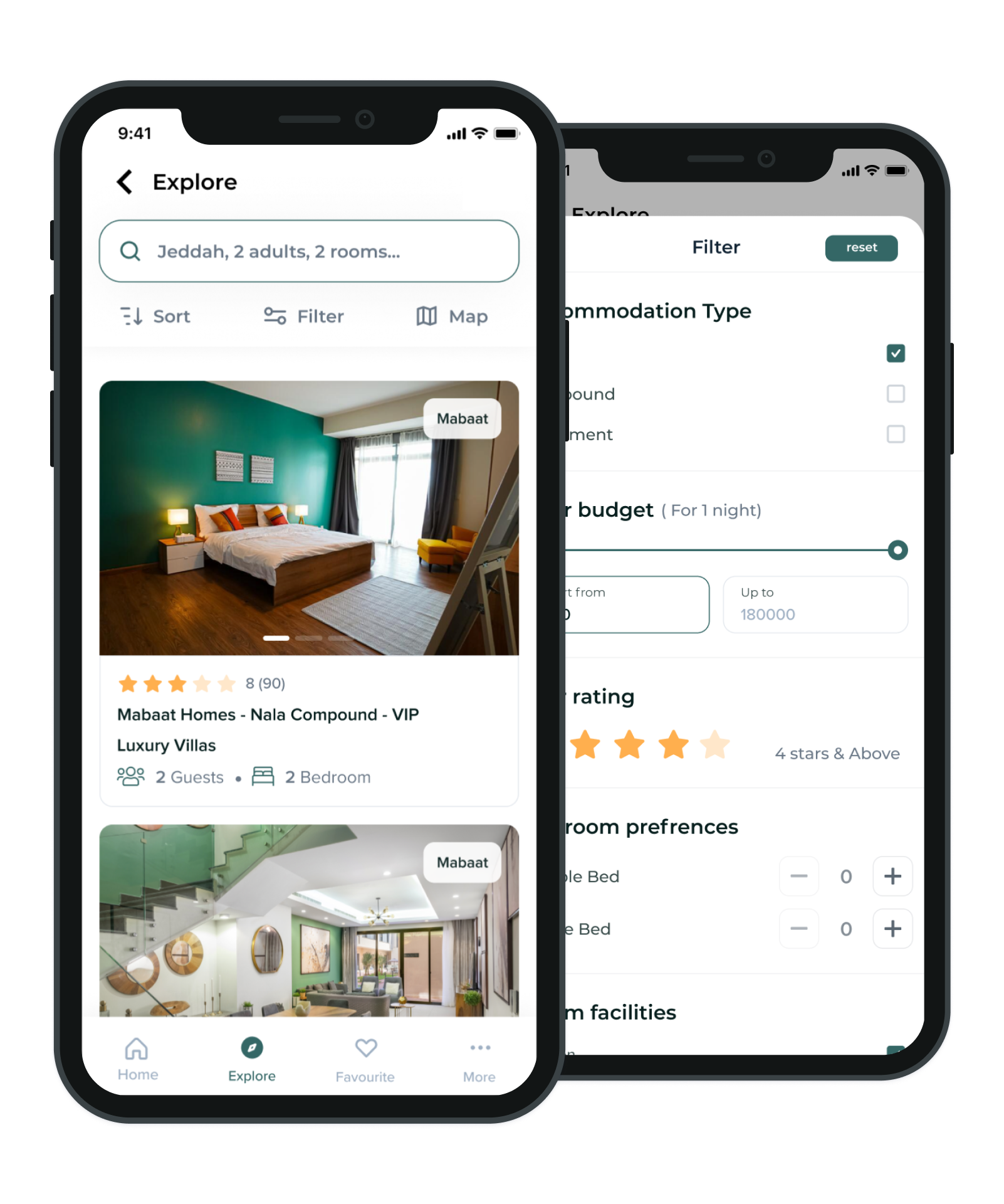 Mabaat app explore page with filters and property cards