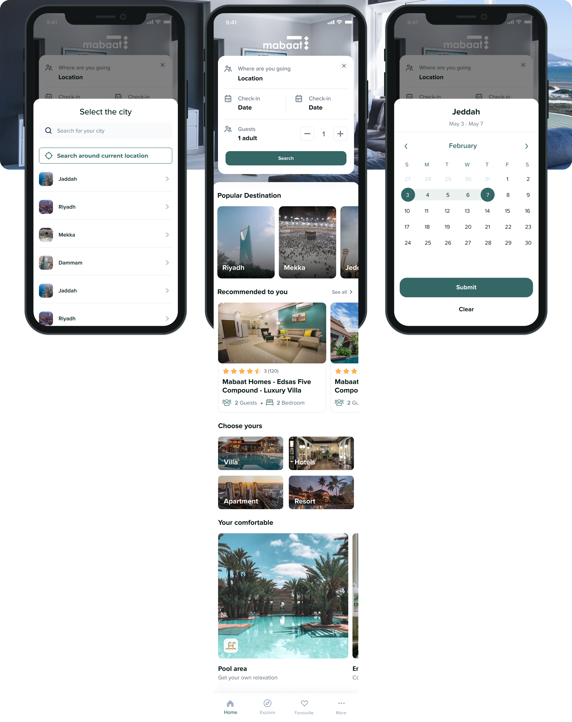 Mabaat app home screen with city selector, calendar and property listings