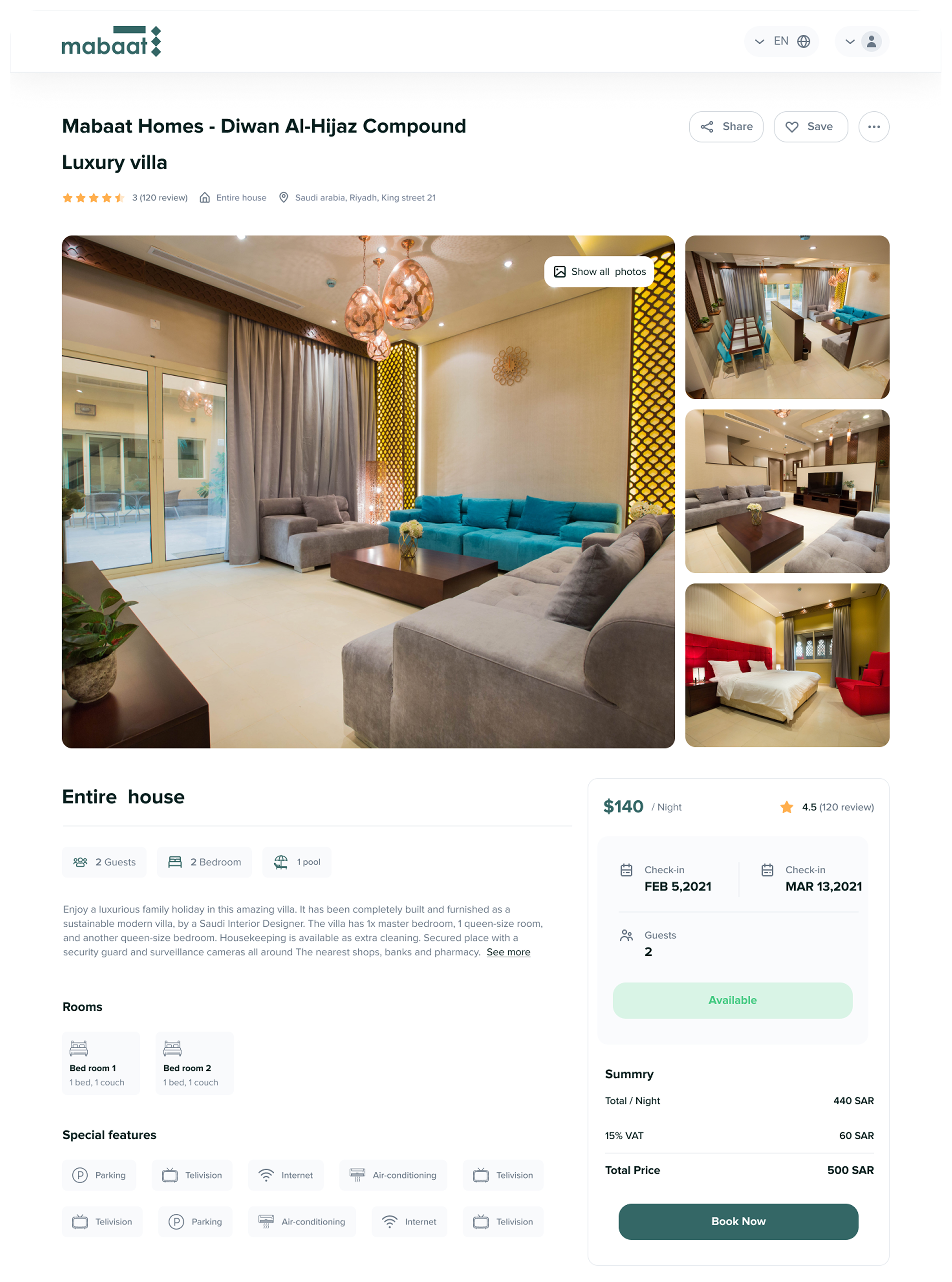 Mabaat property detail page with amenities, photos and booking