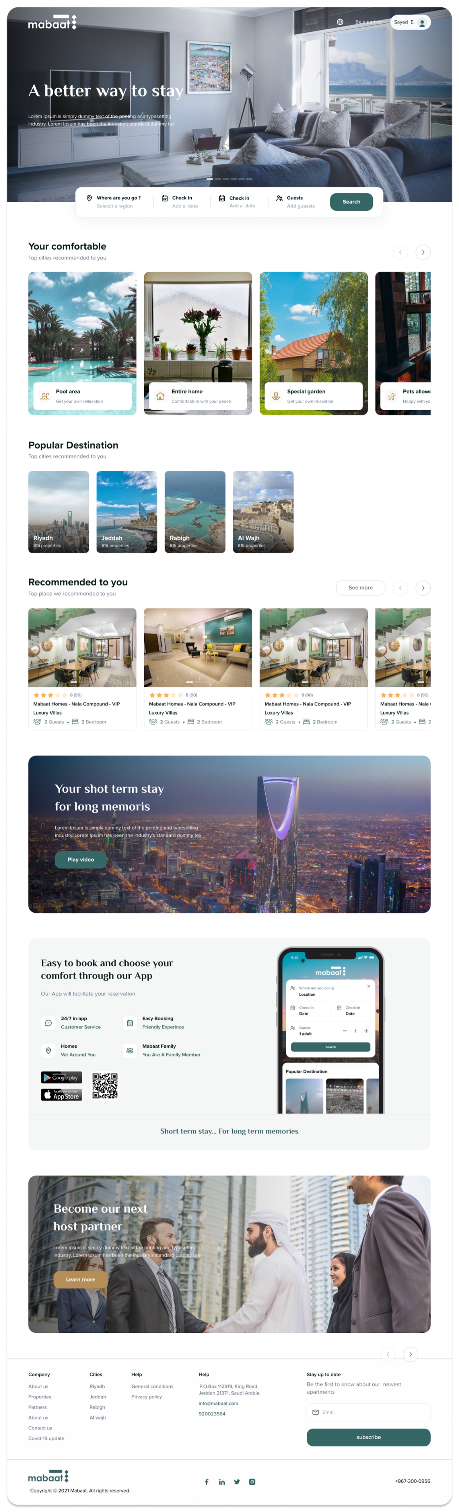 Mabaat landing page with search bar, popular destinations and featured properties