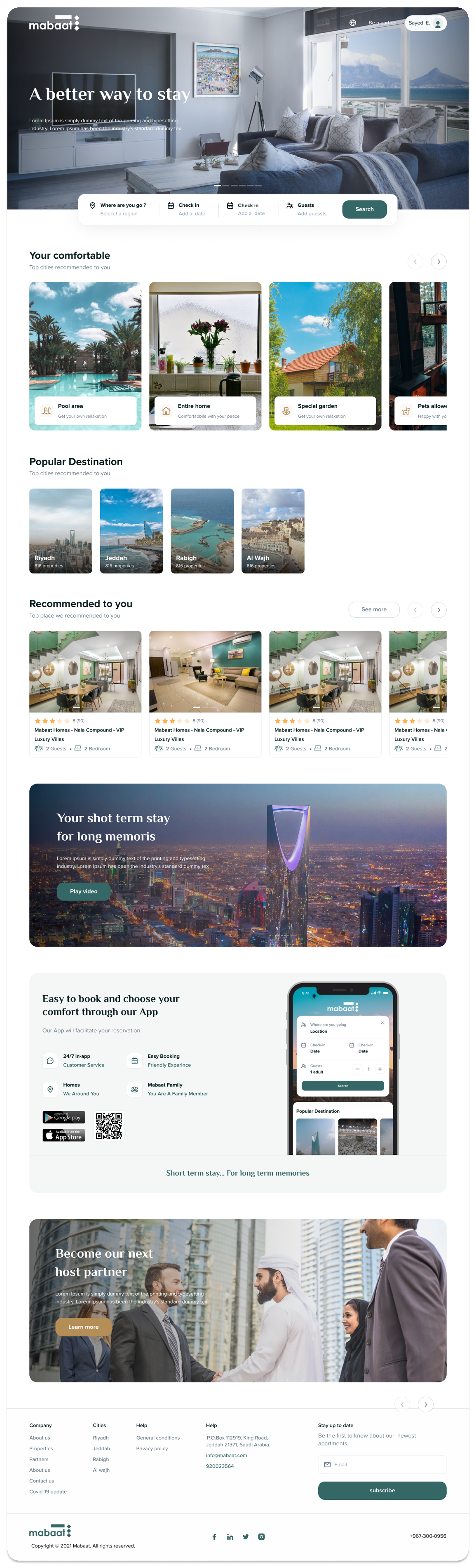 Mabaat landing page with search bar, popular destinations and featured properties