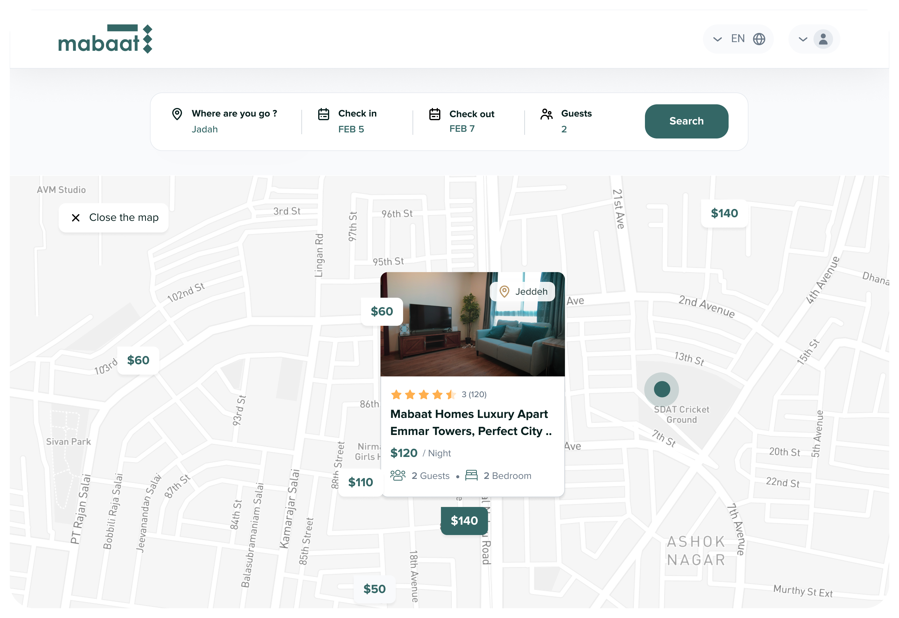 Mabaat interactive map view with price pins and property cards