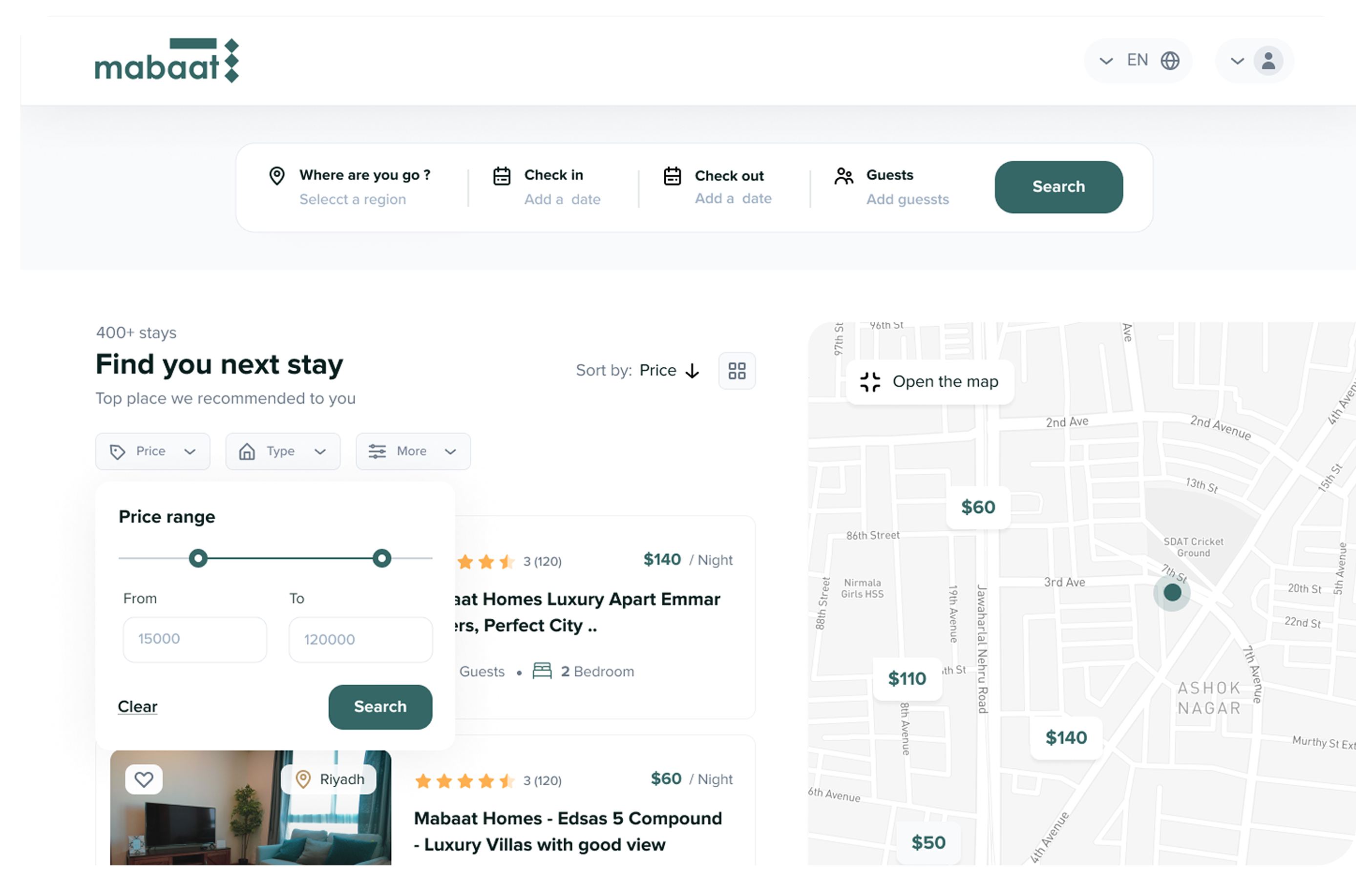 Mabaat search and filter page with property listings